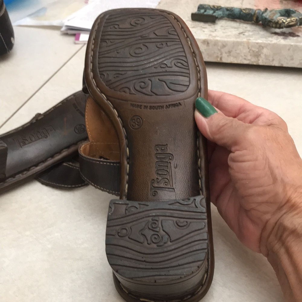 Women's Brown Leather Slide Sandals with Teal Floral Accent - Picture 6 of 10